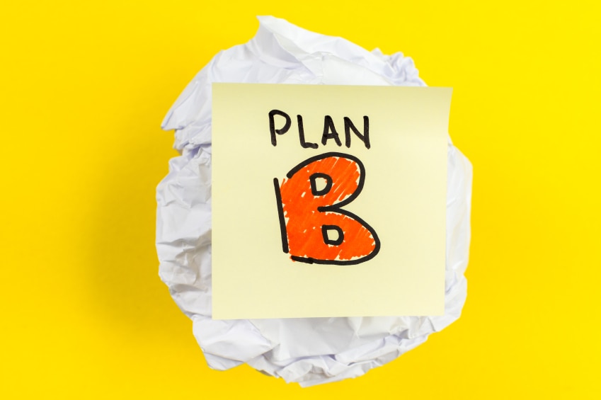 Yellow background with a crumpled piece of white paper and a sticky note that says "plan B" on it