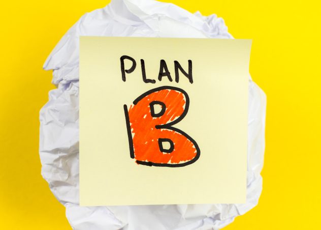Yellow background with a crumpled piece of white paper and a sticky note that says "plan B" on it