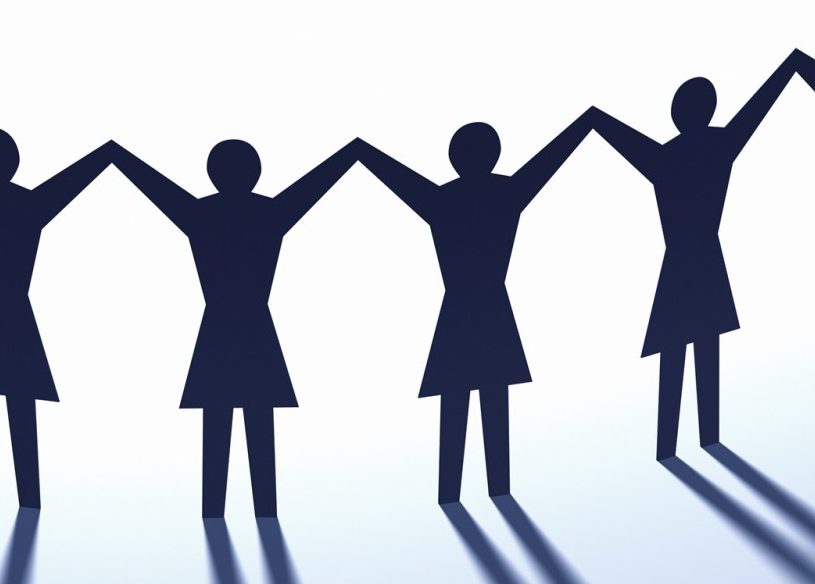 Paper chain people on white background with shadows