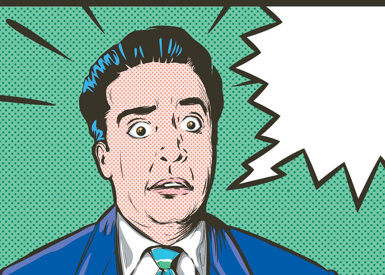 Cartoon of shocked man with empty word bubble