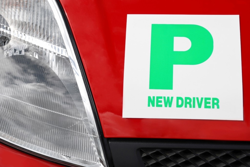 "P New Driver" sticker on care