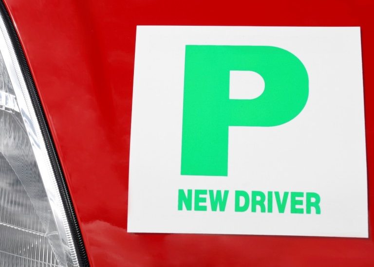"P New Driver" sticker on care