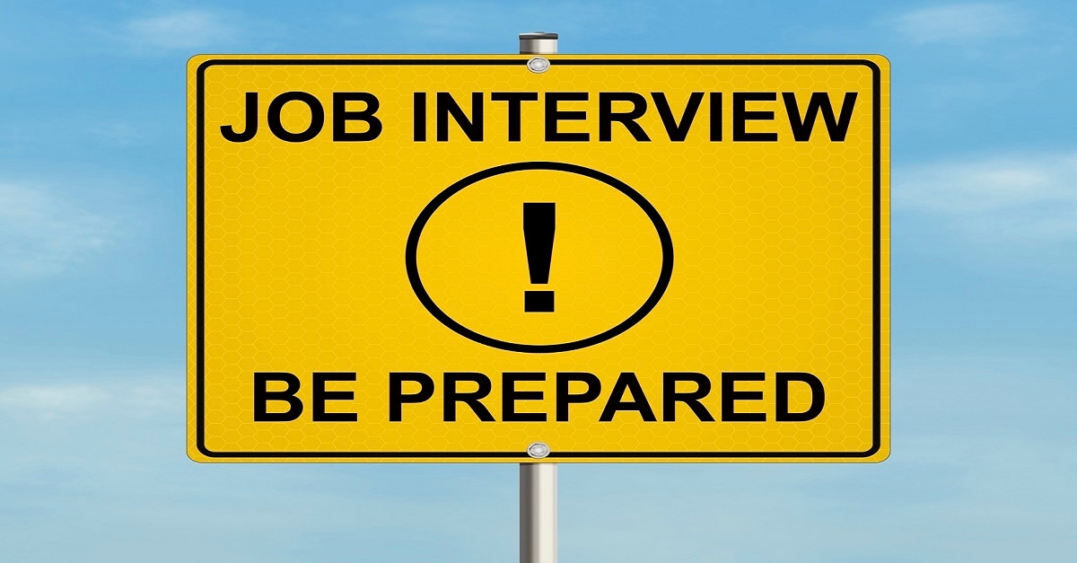 Road sign with exclamation point that says "Job interview. Be prepared."