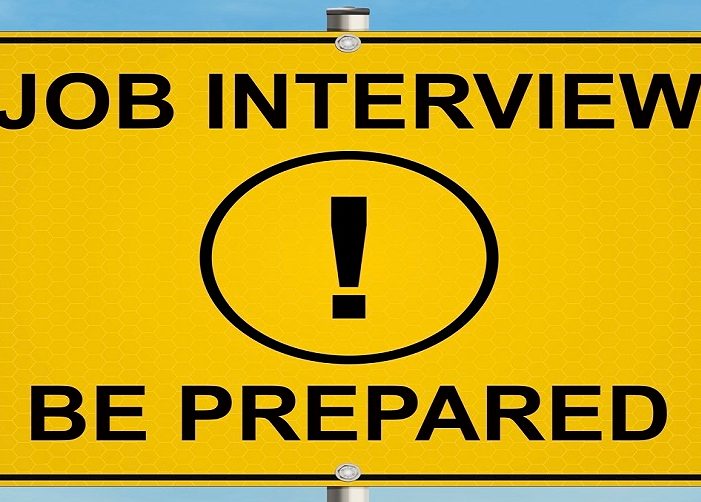 Road sign with exclamation point that says "Job interview. Be prepared."
