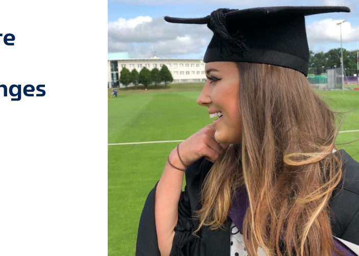 Holly in graduation cap and gown with quote on white background
