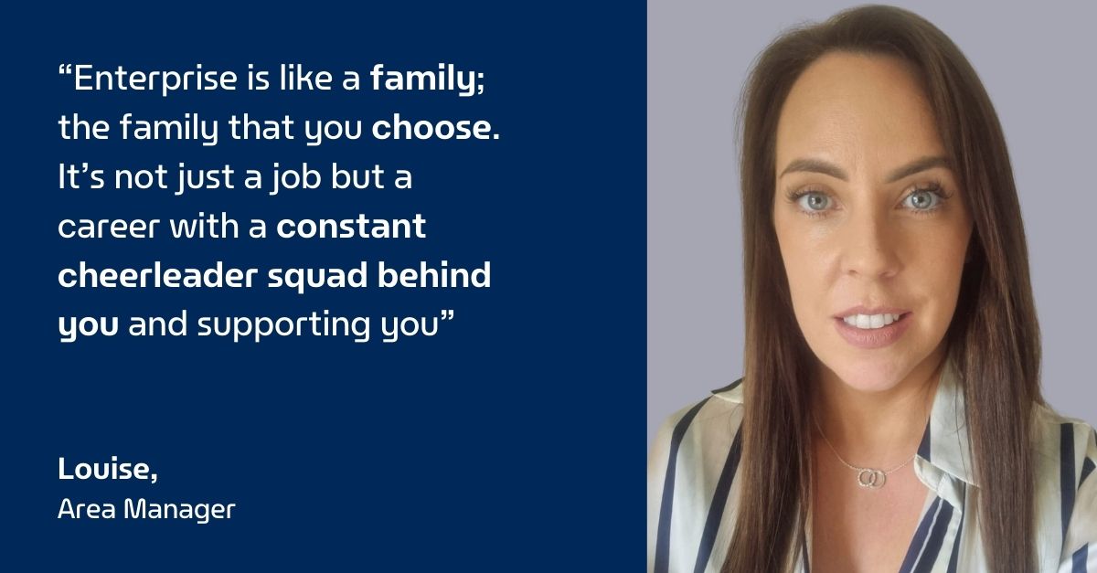 Louise Headshot with quote on blue background