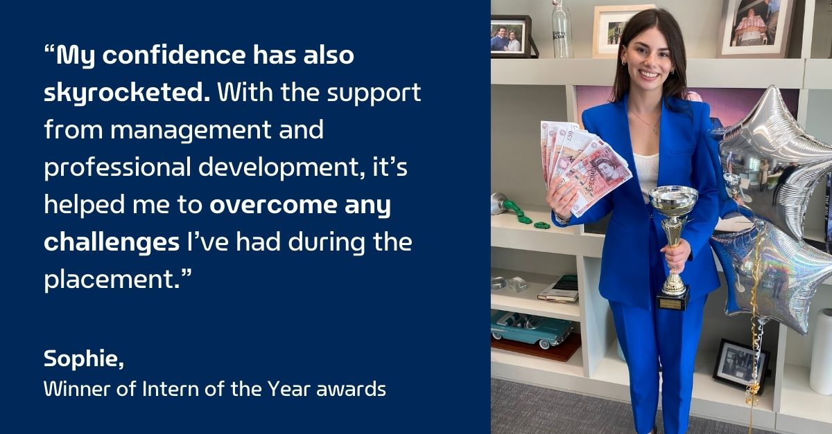 Sophie holding a trophy, money, and balloons with a quote