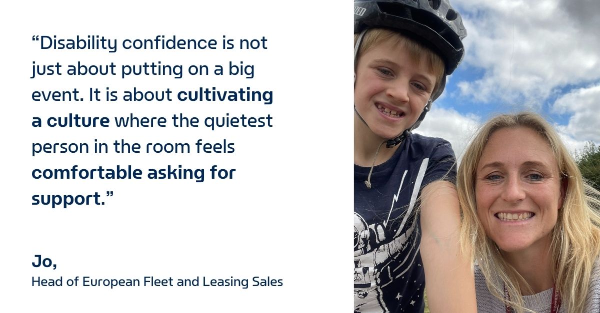 Jo with her son in a bike helmet with a quote