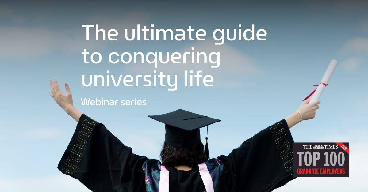 Graduate in cap and gown with diploma captioned "The ultimate guide to conquiring university life. Webinar series"