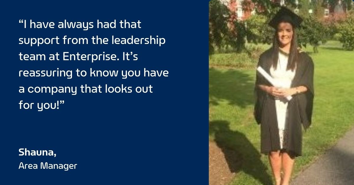 Shauna in a graduation cap and gown with a diploma accompanied by a quote on a blue background