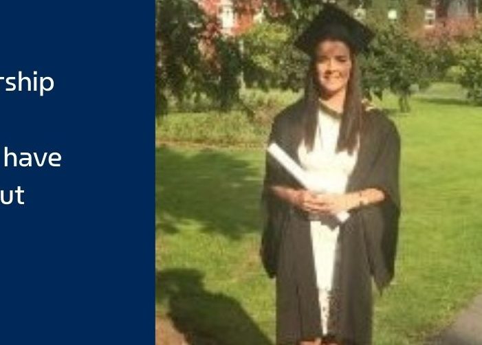 Shauna in a graduation cap and gown with a diploma accompanied by a quote on a blue background