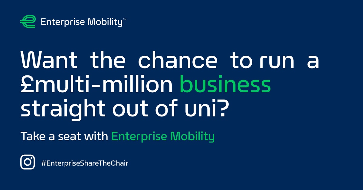"want the chance to run a multi-million business straight out of uni?" on a blue background