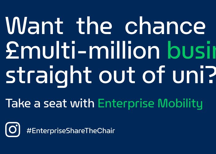 "want the chance to run a multi-million business straight out of uni?" on a blue background