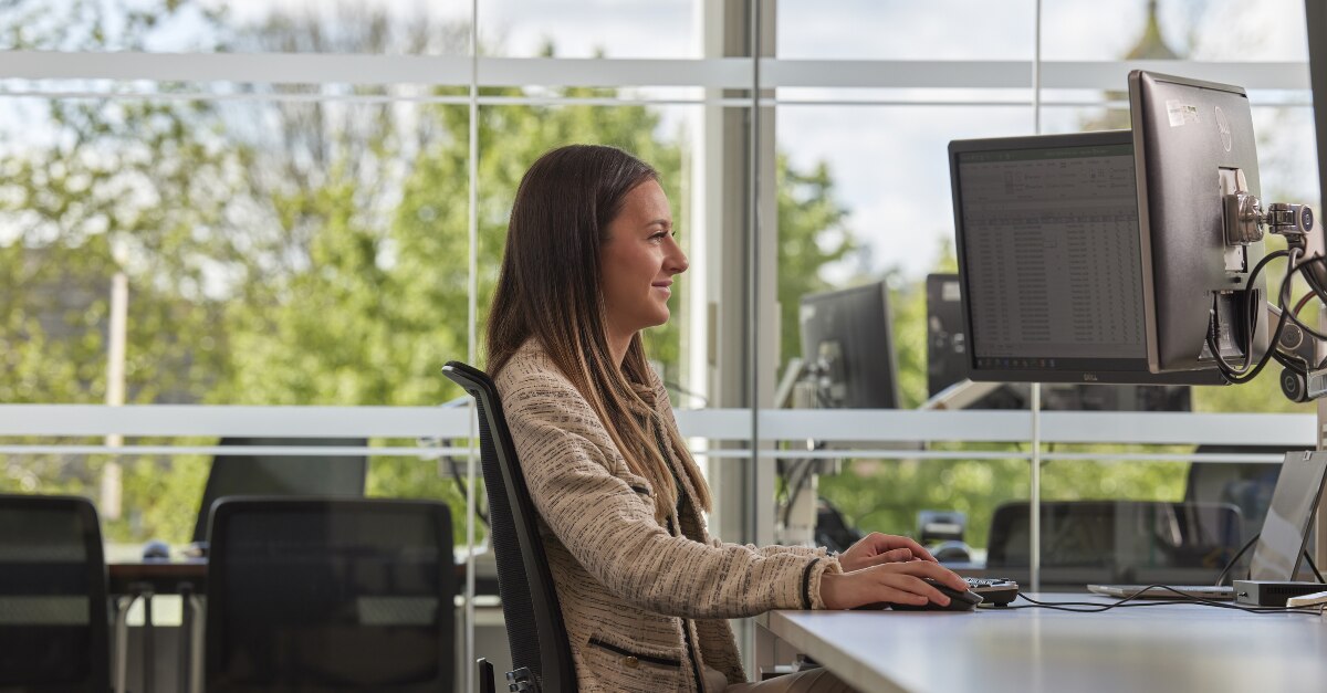 Female employee on a computer doing a virtual interview